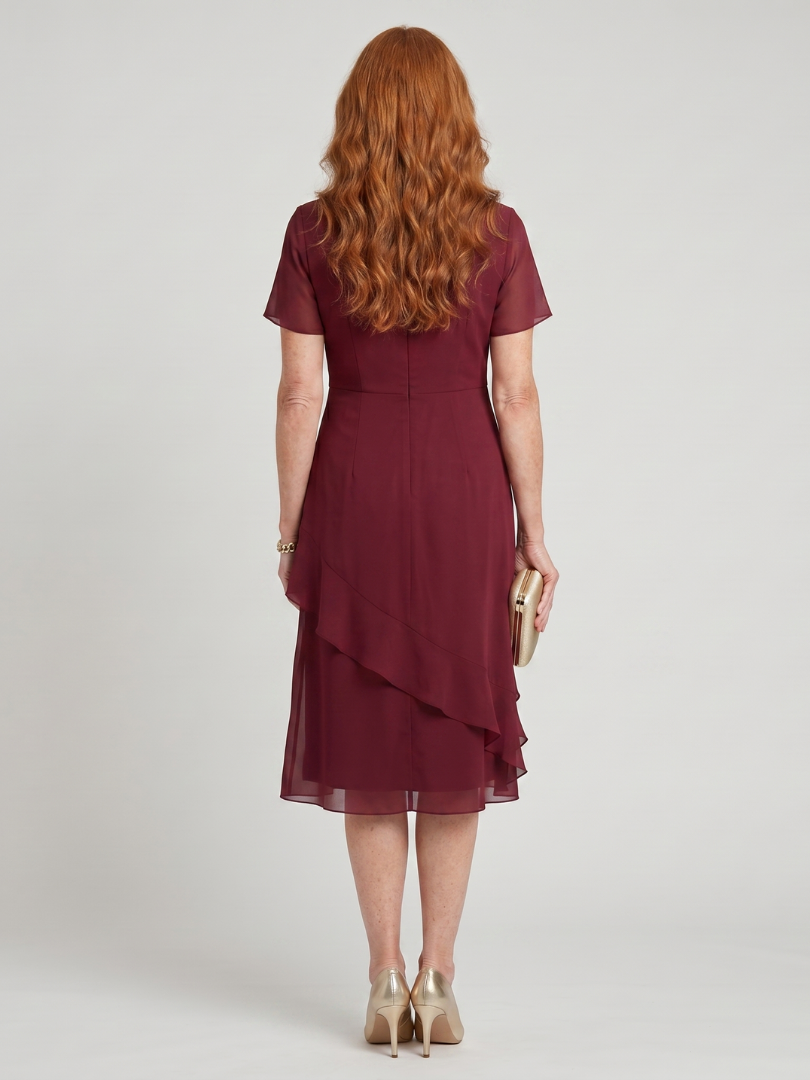 Burgundy midi dress with short sleeves and layered ruffle hem, back view