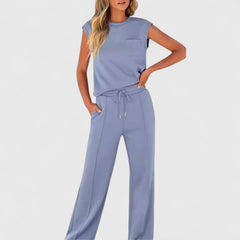 Light blue sleeveless top and drawstring wide-leg pants set