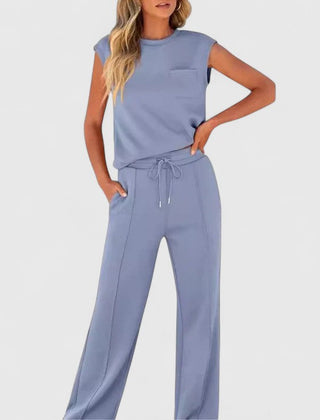 Light blue sleeveless top and drawstring wide-leg pants set