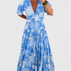 Minelda blue floral V-neck short-sleeve tiered maxi dress with gathered waist
