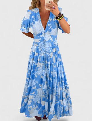 Minelda blue floral V-neck short-sleeve tiered maxi dress with gathered waist