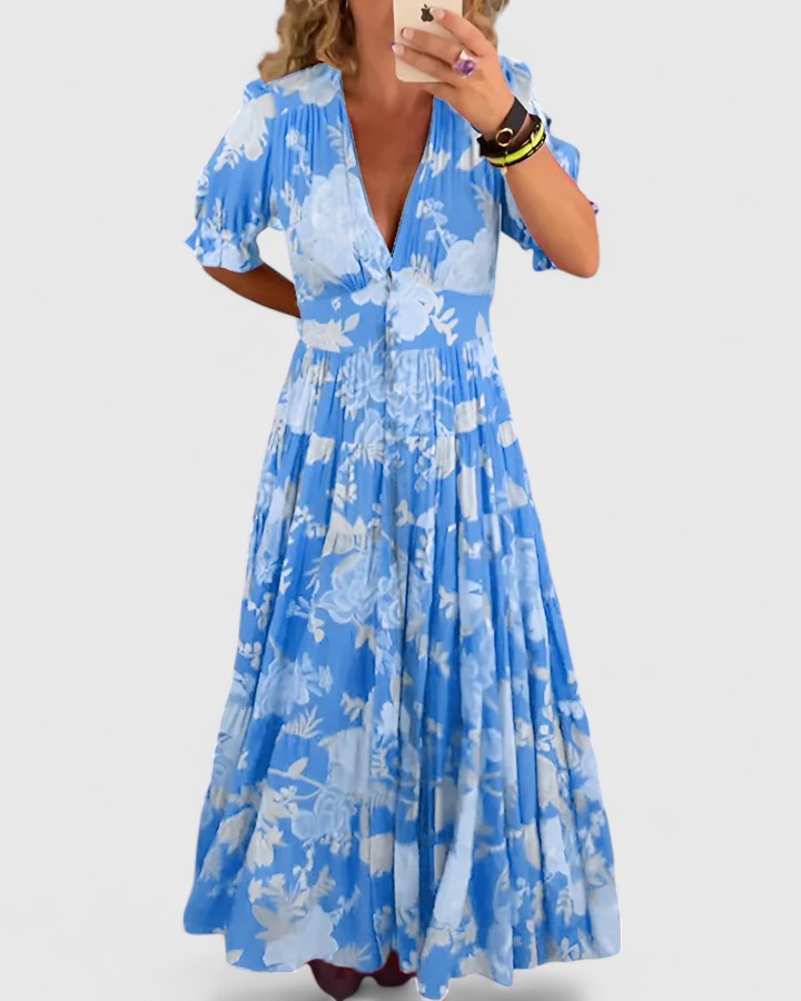 Minelda blue floral V-neck short-sleeve tiered maxi dress with gathered waist