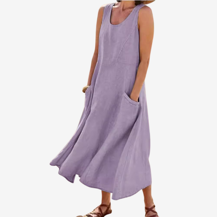 Sleeveless midi casual dress in lavender with scoop neck and side pocket
