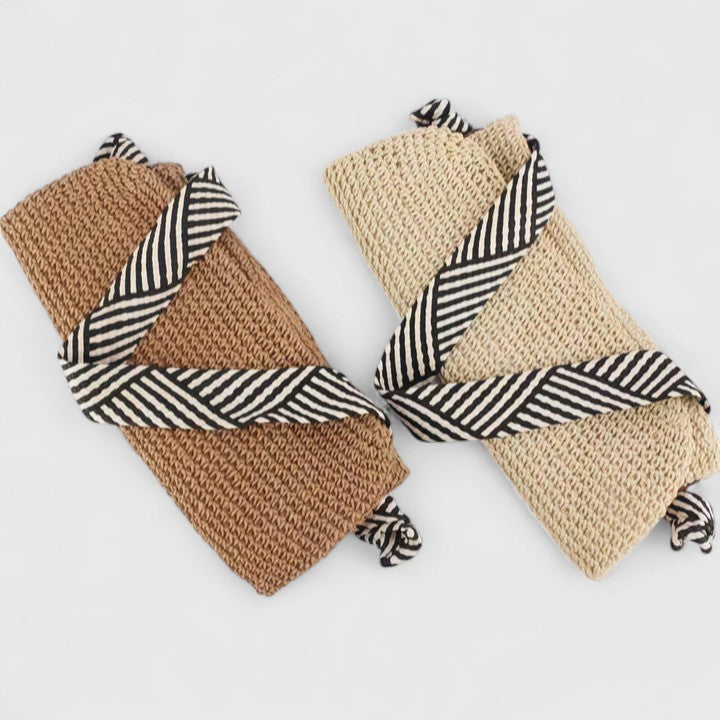 Woven boho tote bags set: warm brown and natural beige with black-and-white striped straps