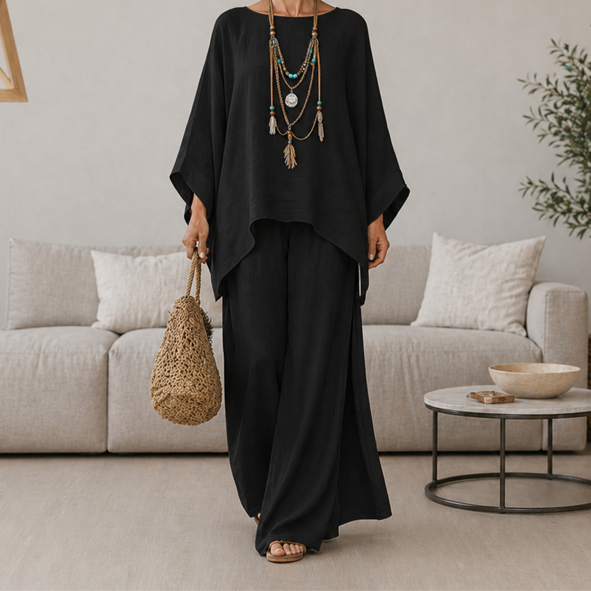 Black two-piece set with draped tunic top and wide-leg pants, long sleeves.