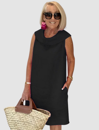 Black sleeveless cowl-neck casual dress, knee-length