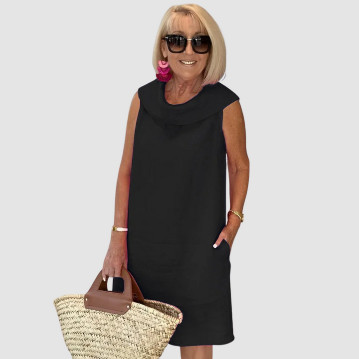 Black sleeveless cowl-neck casual dress, knee-length