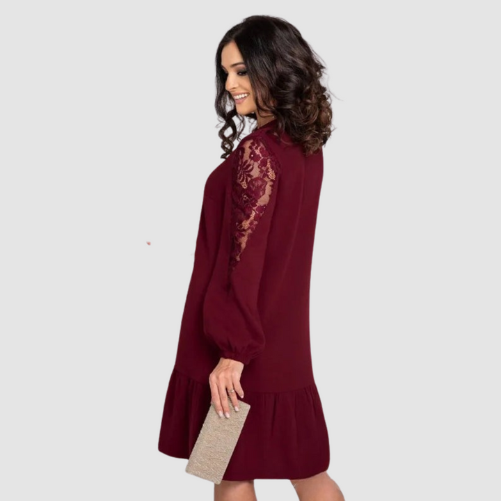 Burgundy lace-sleeve midi dress with tiered skirt and long gathered sleeves
