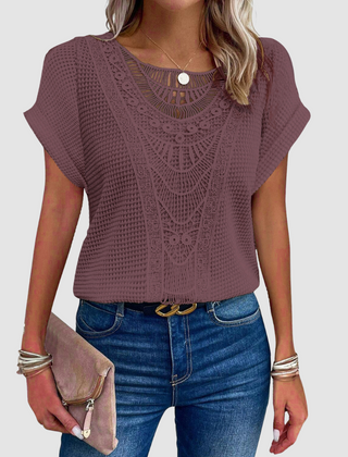 Sophie™ chic lace top in plum, short dolman sleeves, round neckline, scalloped lace yoke