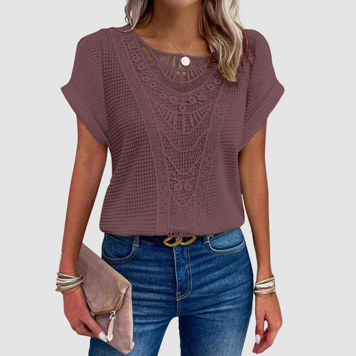 Sophie™ chic lace top in plum, short dolman sleeves, round neckline, scalloped lace yoke