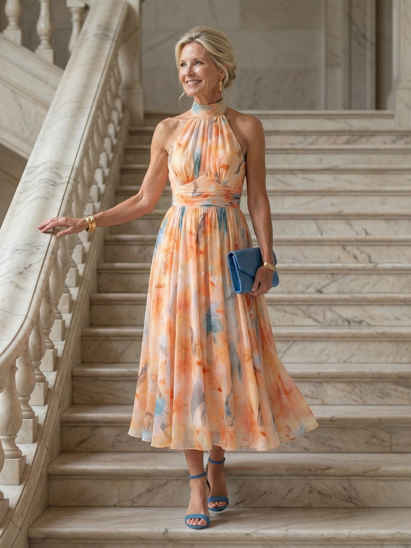 Halter midi dress in pastel orange-blue watercolor print, flowing mid-length skirt