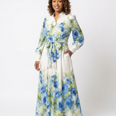 Long sleeve floral button-front maxi dress with bow waist, white with blue floral print