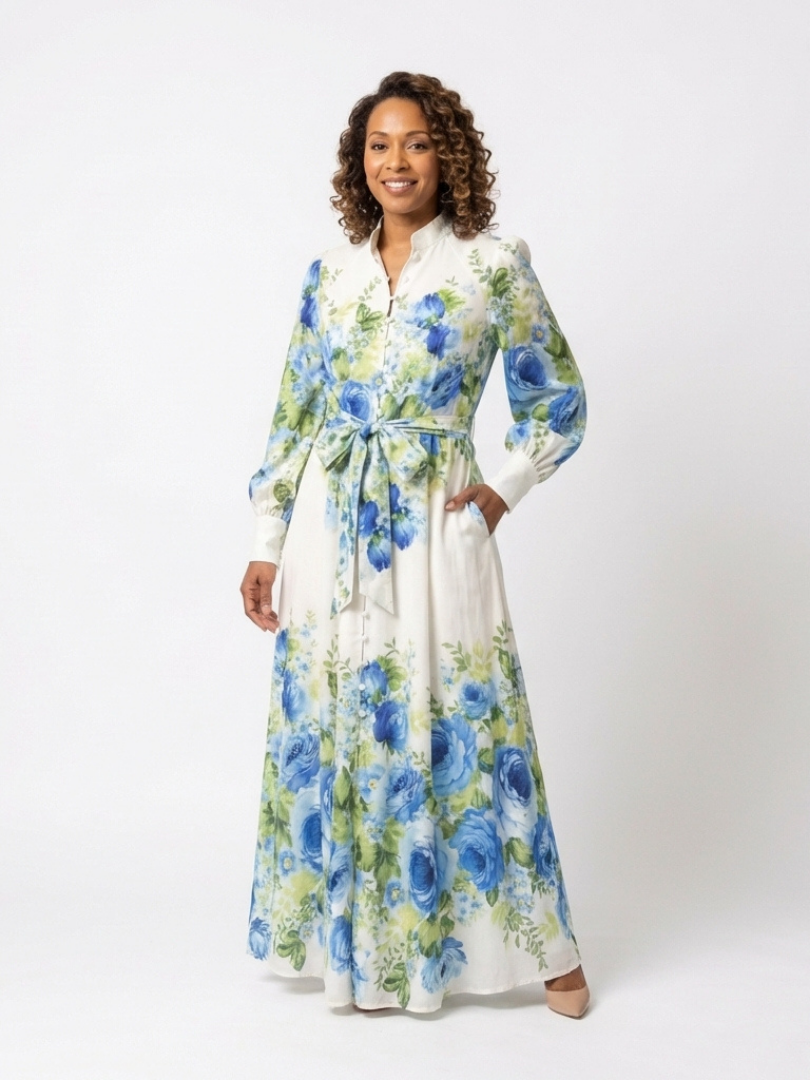 Long sleeve floral button-front maxi dress with bow waist, white with blue floral print