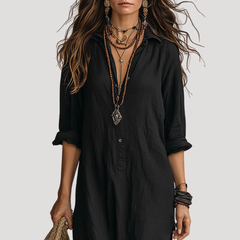 Black maxi shirt dress neckline detail with button front and 3/4 sleeves