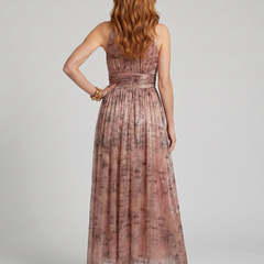 Textured finish sleeveless midi dress, mauve-pink, halter back and flowing pleats