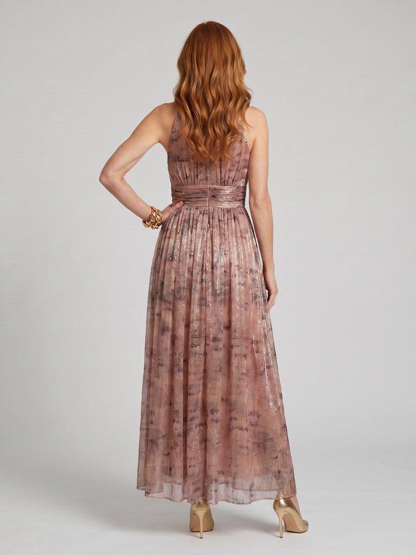 Textured finish sleeveless midi dress, mauve-pink, halter back and flowing pleats