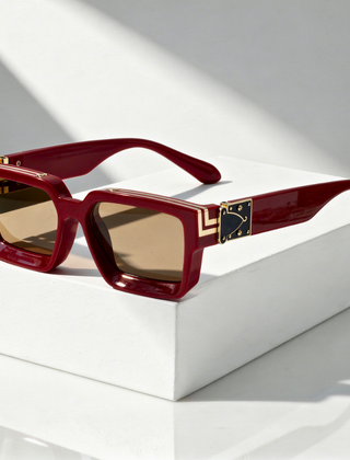 Monaco Marquee Shades sunglasses with dark red square frames and gold logo detail
