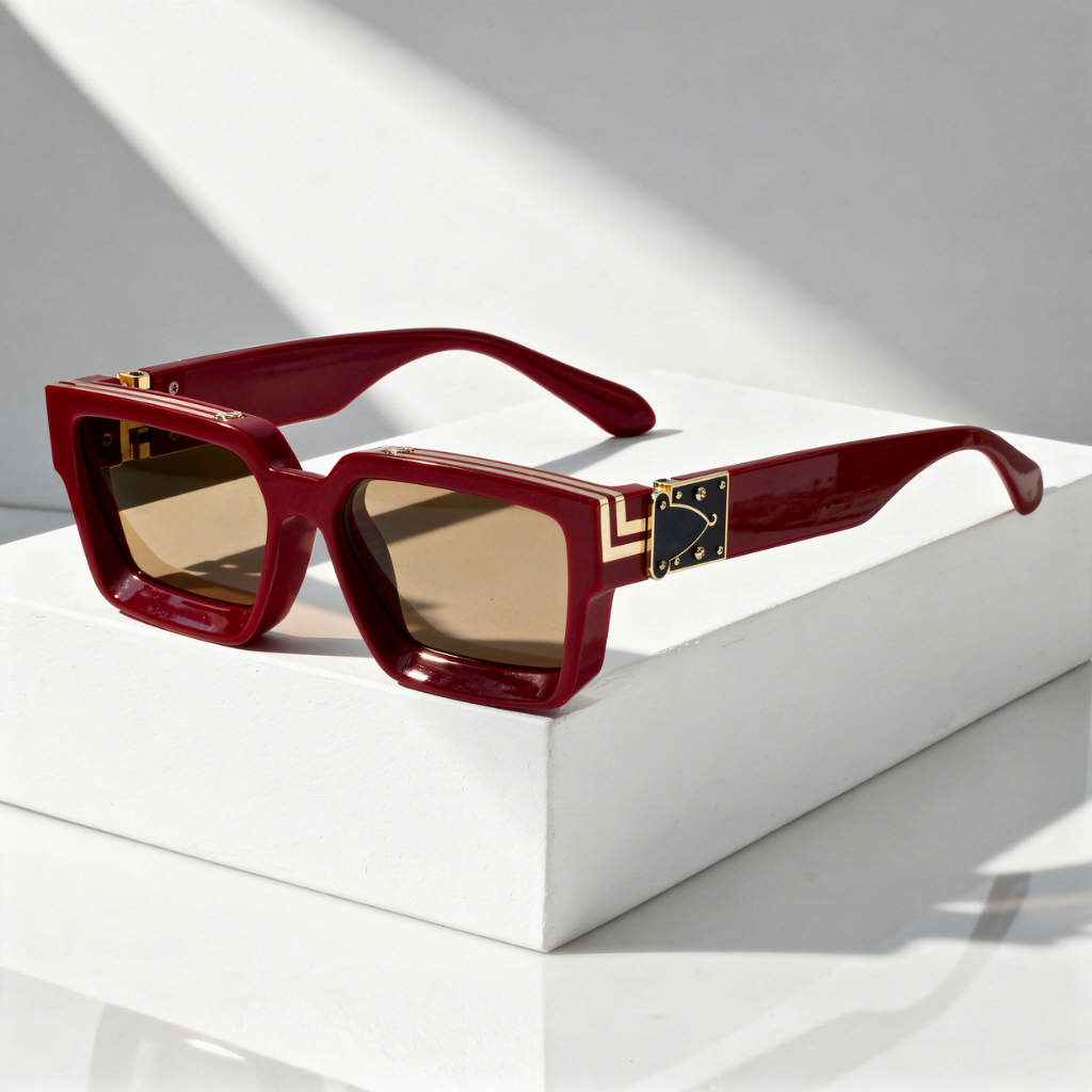 Monaco Marquee Shades sunglasses with dark red square frames and gold logo detail