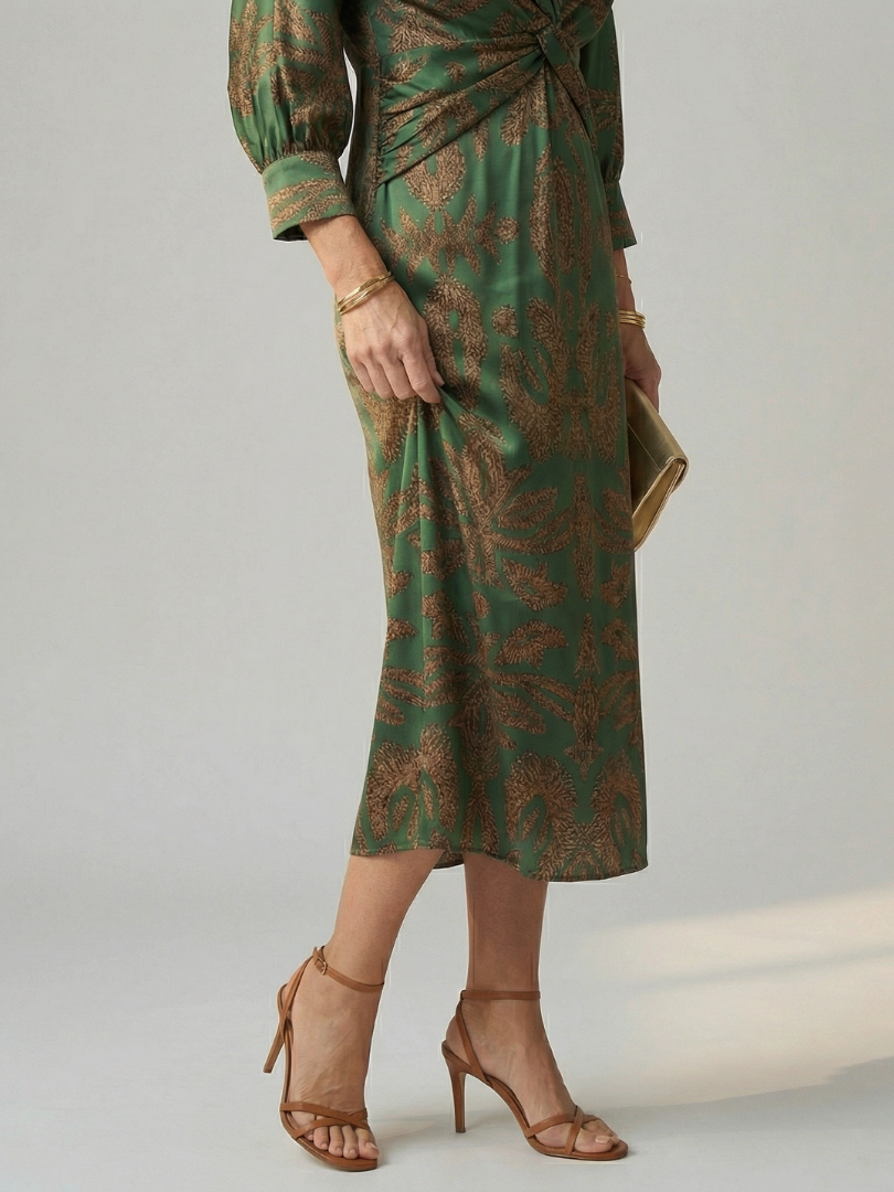 Dark green patterned wrap midi dress with long sleeves and tied waist