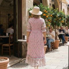 Pink tiered midi dress, V-back styling with allover floral print