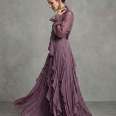 Purple tie-neck tiered maxi dress, side view with cascading ruffle tiers and sheer sleeves