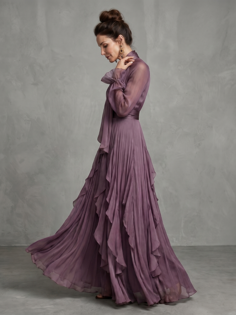 Purple tie-neck tiered maxi dress, side view with cascading ruffle tiers and sheer sleeves