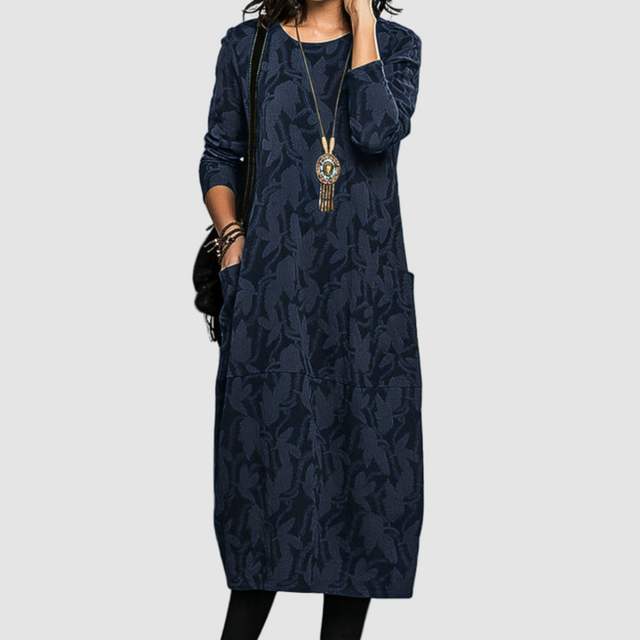 Bethanie™ elegant soft dress, navy leaf-print tiered midi with long sleeves