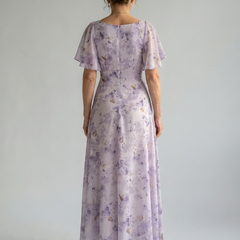 Floral lilac midi dress with flutter sleeves and gathered waist, back view