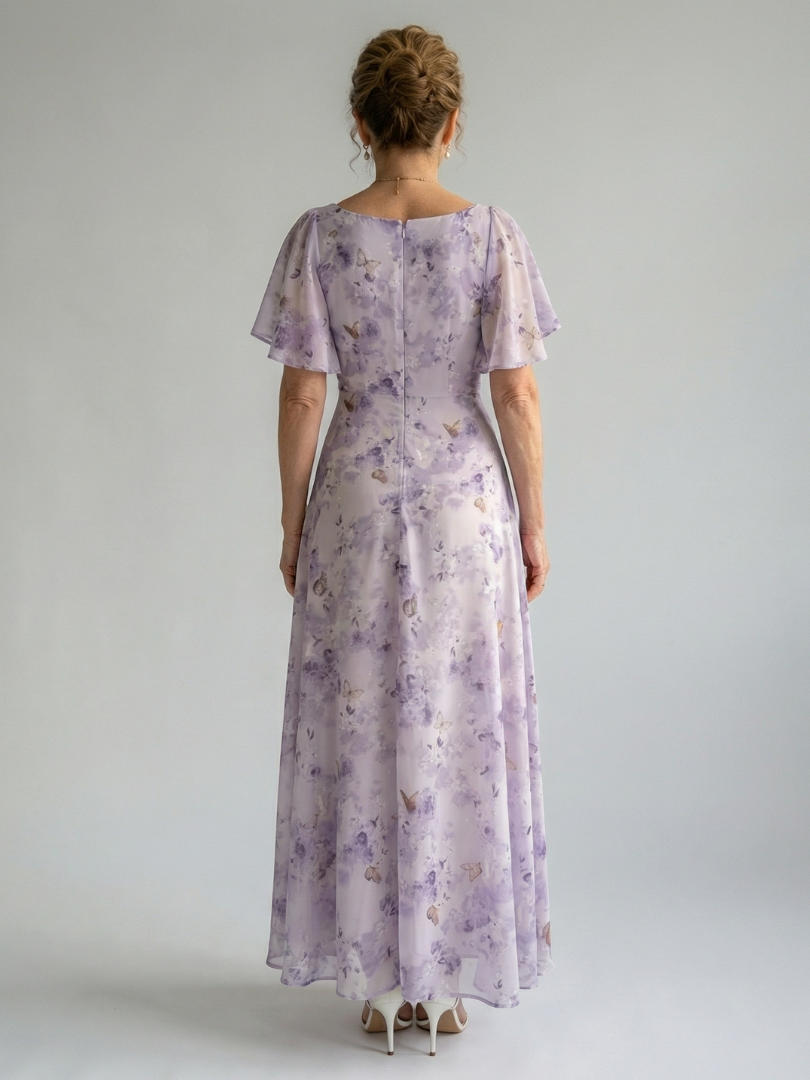 Floral lilac midi dress with flutter sleeves and gathered waist, back view