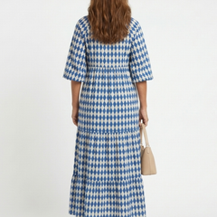 Sky blue diamond print tiered midi dress with back neckline and half sleeves