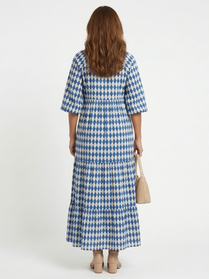 Sky blue diamond print tiered midi dress with back neckline and half sleeves