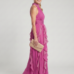 Pink high-neck sleeveless maxi dress with tiered ruffle skirt and gathered waist