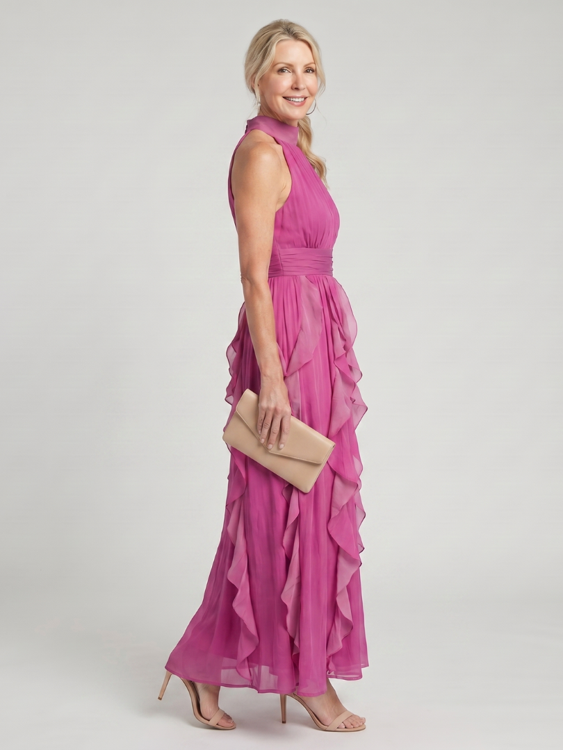 Pink high-neck sleeveless maxi dress with tiered ruffle skirt and gathered waist