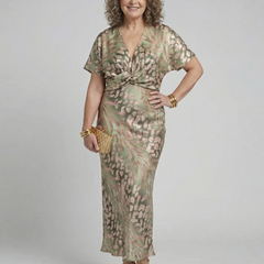 Green abstract print midi dress with twisted waist and V-neck short sleeves