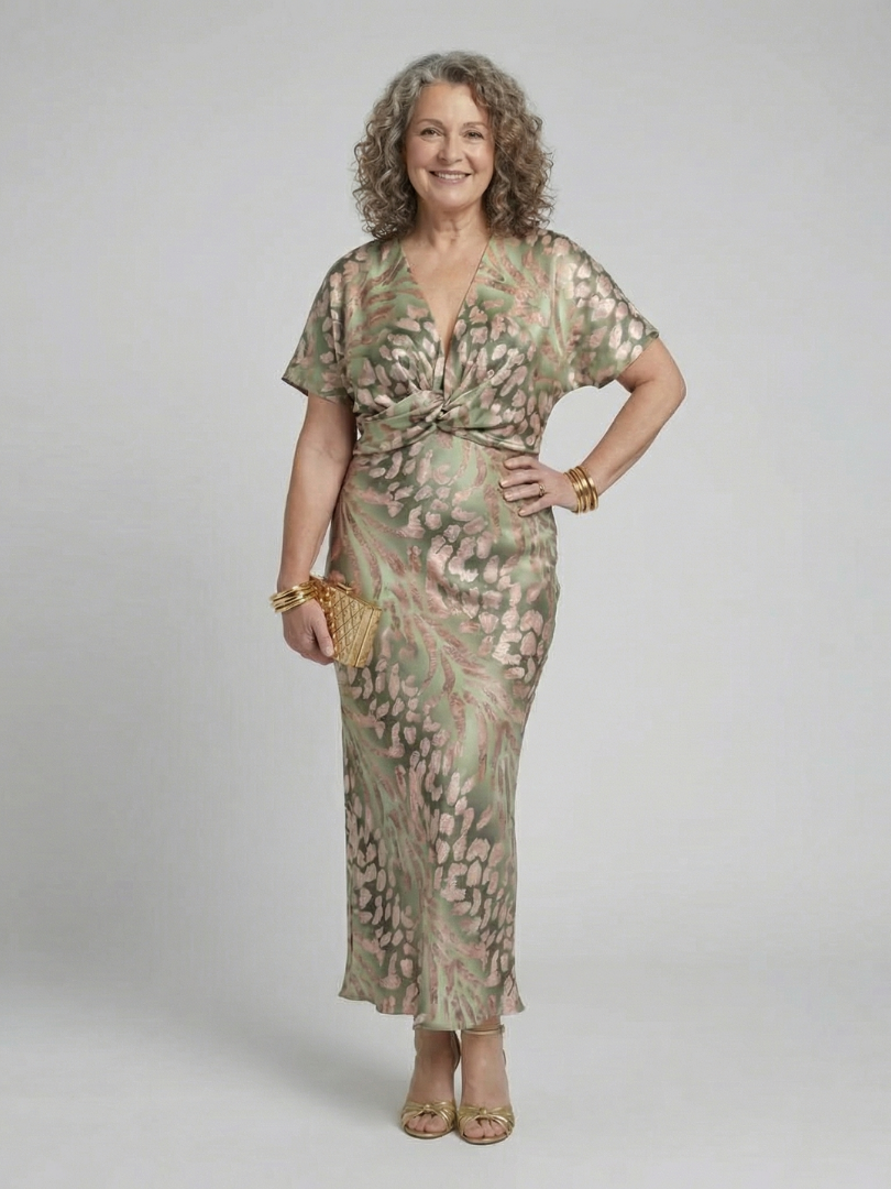 Green abstract print midi dress with twisted waist and V-neck short sleeves