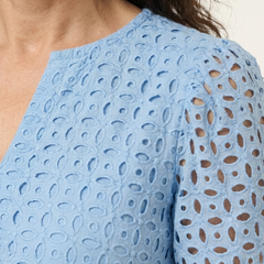 Sky blue eyelet short-sleeve dress detail with openwork cutouts on the shoulder