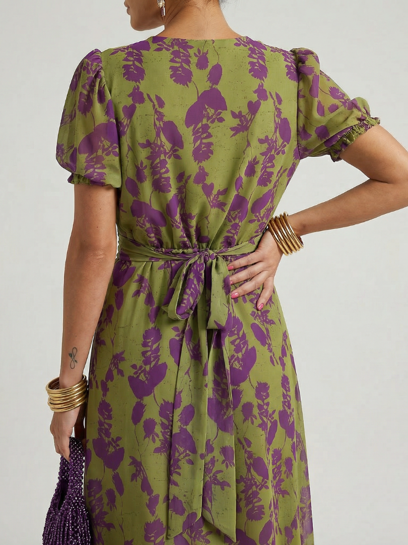Olive and purple floral midi dress with low scoop back, tie waist, and puff sleeves