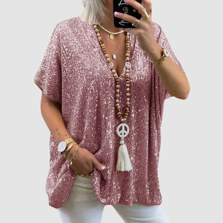 Pink sequin V-neck short-sleeve top with loose relaxed fit