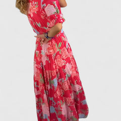 Minelda red floral V-neck tiered maxi dress, side view, short sleeves
