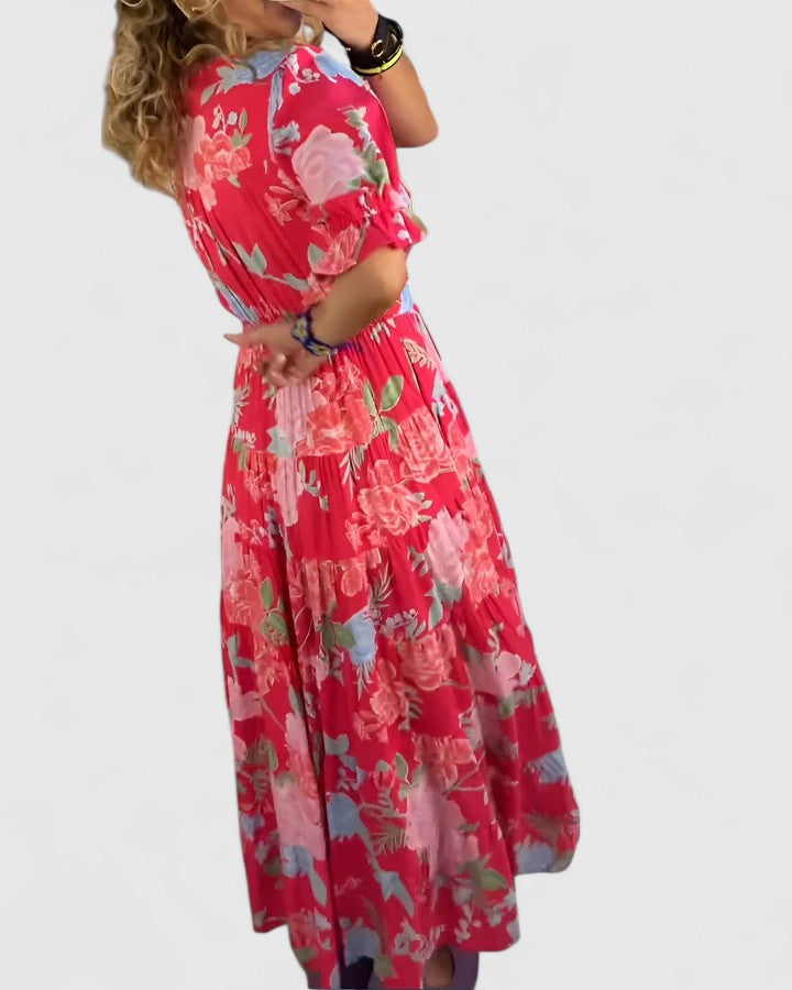 Minelda red floral V-neck tiered maxi dress, side view, short sleeves