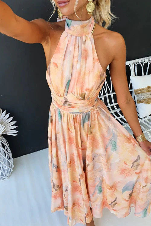 Halter neck midi dress with gathered waist, peach and aqua watercolor floral pattern