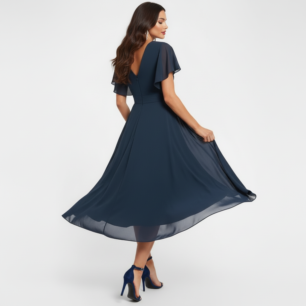 Flowing V-neck maxi dress in dark navy with short flutter sleeves and cinched waist