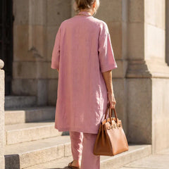 Lorrin™ elegant set in pink: back view long open outer with matching wide-leg pants