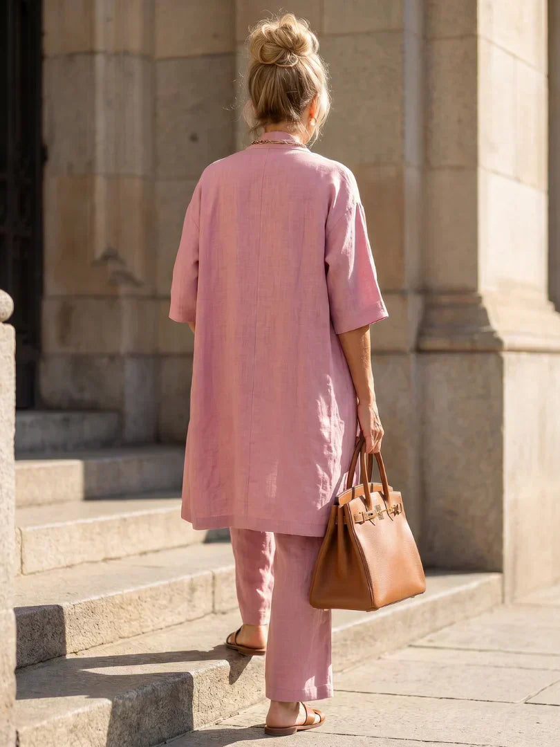 Lorrin™ elegant set in pink: back view long open outer with matching wide-leg pants