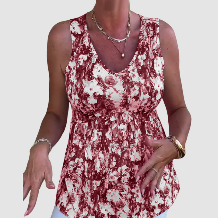 Sleeveless scoop-neck breathable top, burgundy and white abstract print, ruched midsection