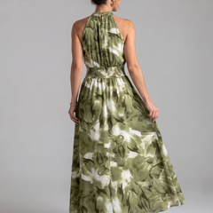 Green abstract print halter midi dress, back view with gathered waist