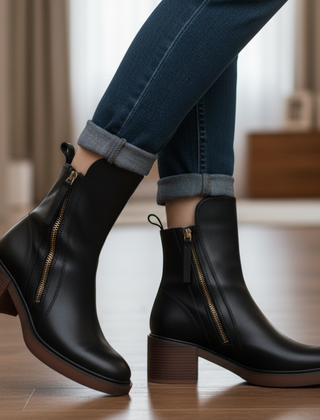 Black leather ankle boots with side zipper and block heel, worn with rolled jeans.