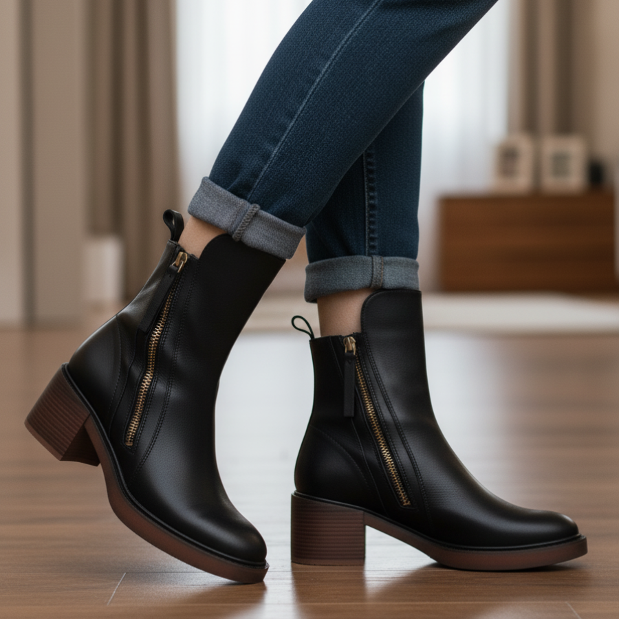 Black leather ankle boots with side zipper and block heel, worn with rolled jeans.