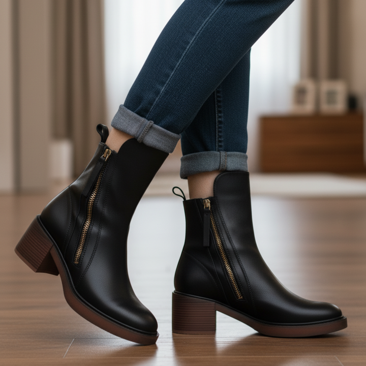 Black leather ankle boots with side zipper and block heel, worn with rolled jeans.