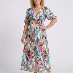 Floral V-neck midi dress with short puff sleeves and gathered waist